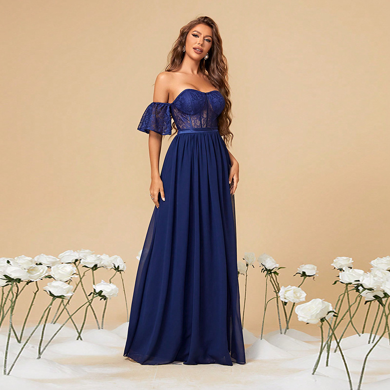 Autumn New European and American Strapless Fashion Trend Elegant Ball Evening Dress Fashion Party Dress Solid Color Long Women
