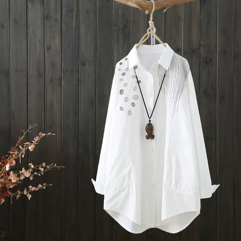 2024 spring new loose artistic style Polo collar mid-length fashion embroidered single-breasted cardigan long sleeve shirt