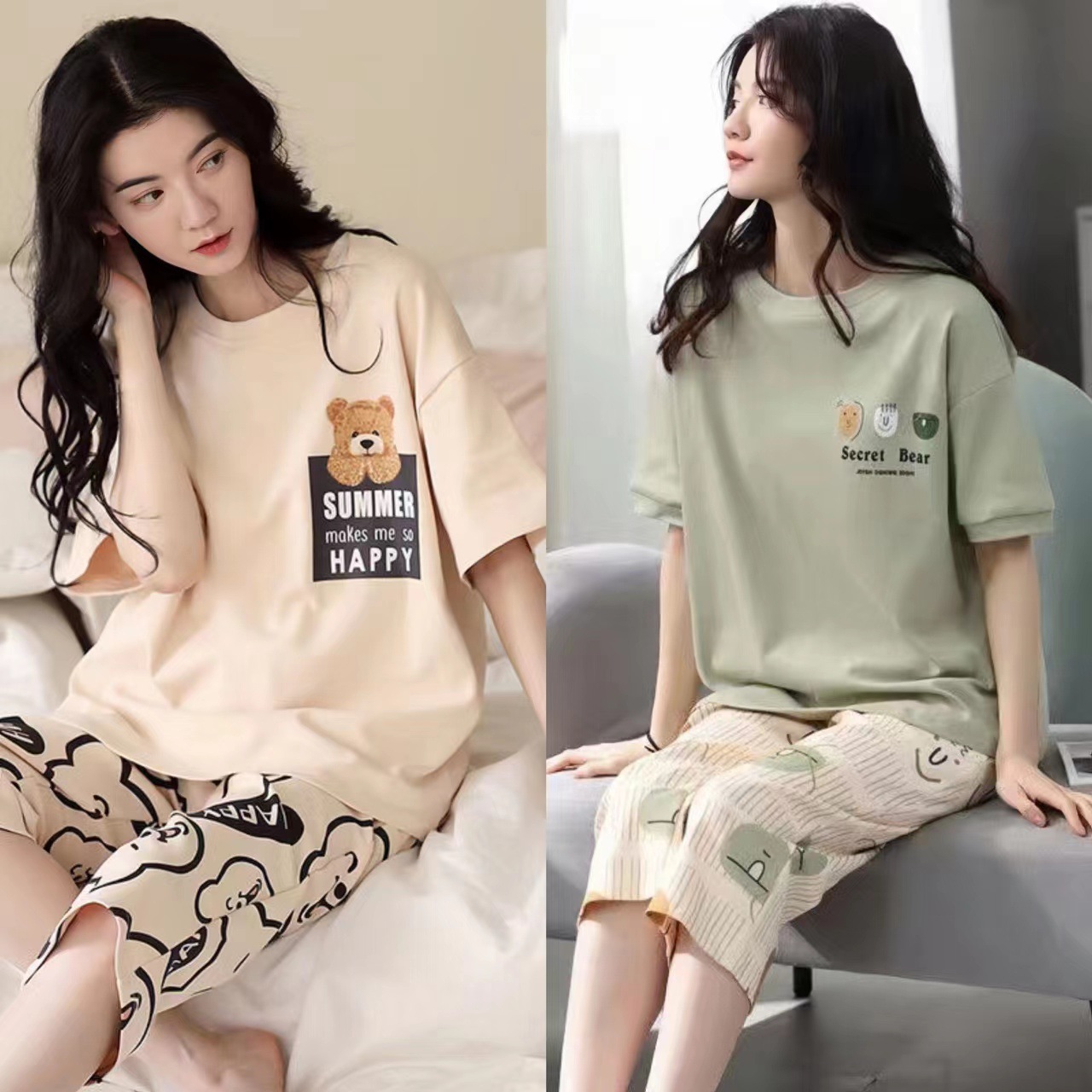 Wholesale pajamas women's summer short sleeve cropped pants home wear summer thin Korean can go out casual two-piece suit