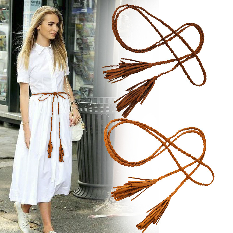 Lengthened Women's Decorative Thin Belt Handmade Knotted Waist Rope Simple Matching Dress Tassel Waist Chain Belt