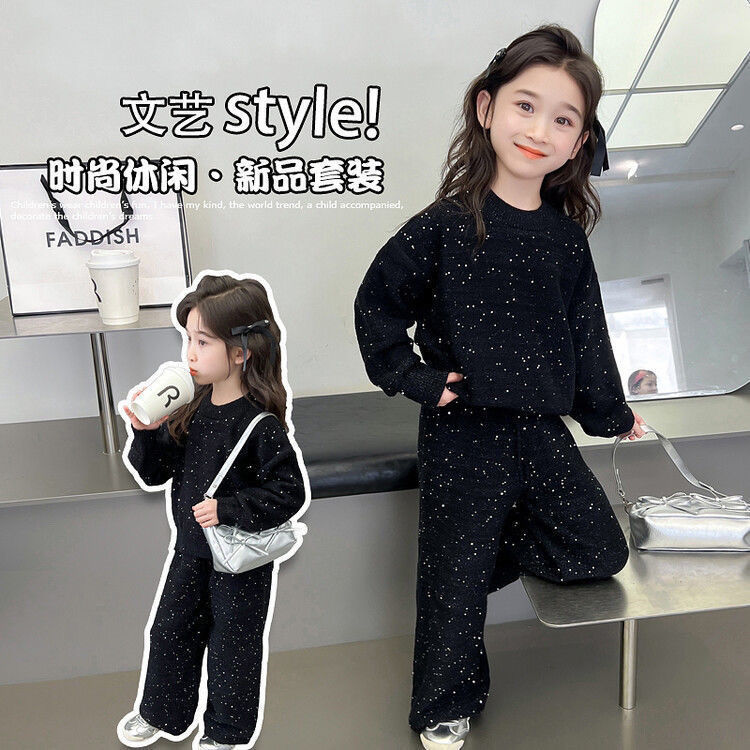 Picture of Girls' Sweatshirt Set Spring and Autumn Korean Style Trendy Big Girl Fashionable Street Sequin Wide-Leg Pants Two-Piece Set