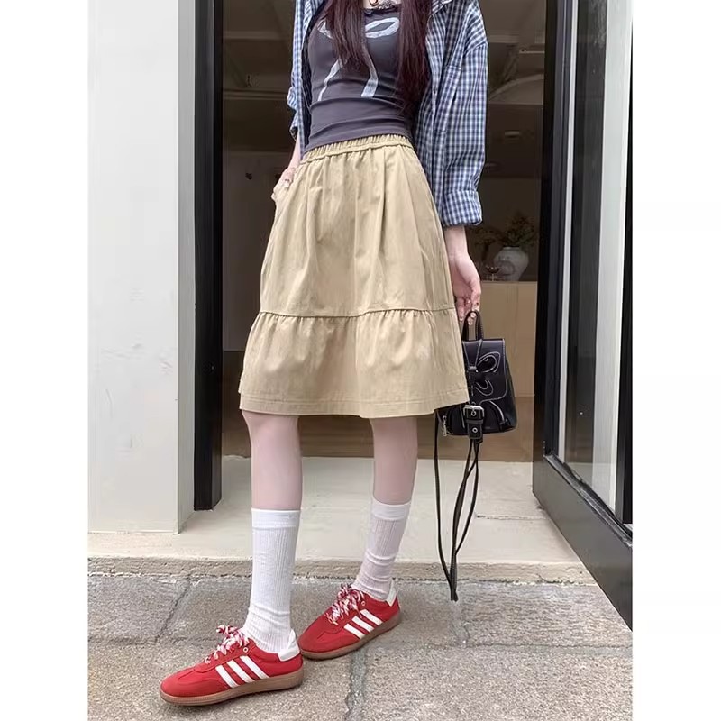 Lazy Style Casual Elastic Waist Skirt 2025 Spring and Summer New Korean Style High Waist Slimming Look Fluffy A-Line Skirt for Women