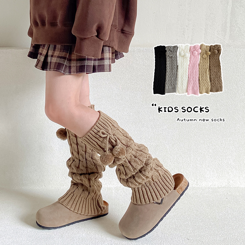 Picture of Children's Socks Autumn and Winter Fur Ball Long Tube Stacked Socks Lolita Vintage brown Thickened Warm Twist Leg Cover
