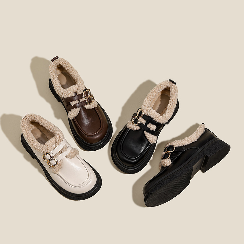 Black Loafers Women's Autumn and Winter 2024 New Thick-soled fleece-lined Warm Cotton Shoes Retro Single-layer Shoes British-style Leather Shoes