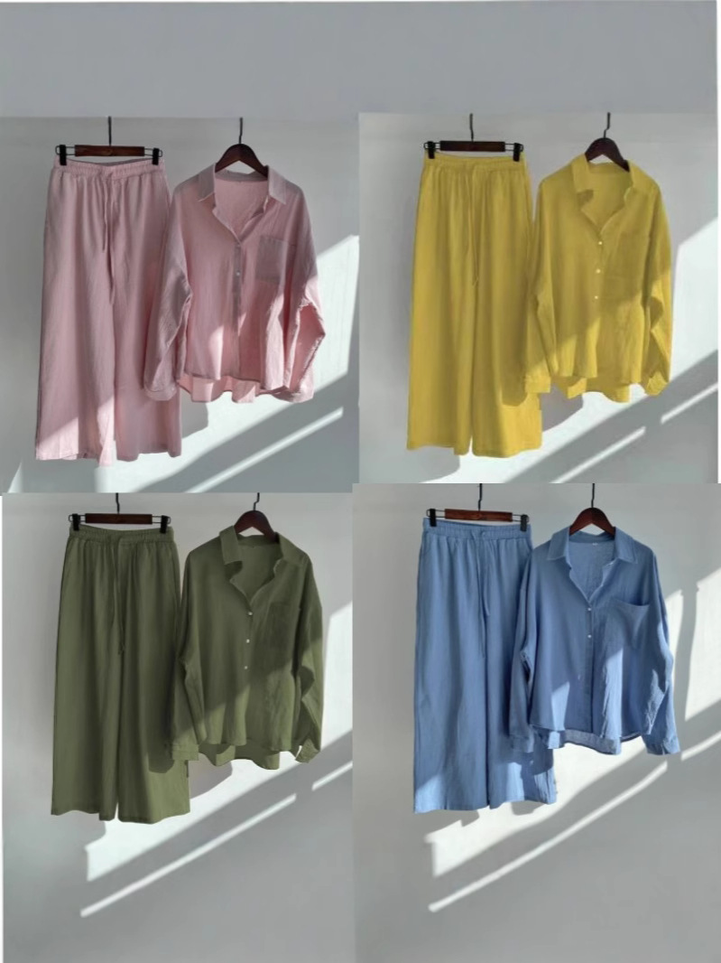 AliExpress Spring Cross-border plus size Women's Shirt suit Retro Loose High Waist Wide-leg Cropped Pants Two-piece Set for Women