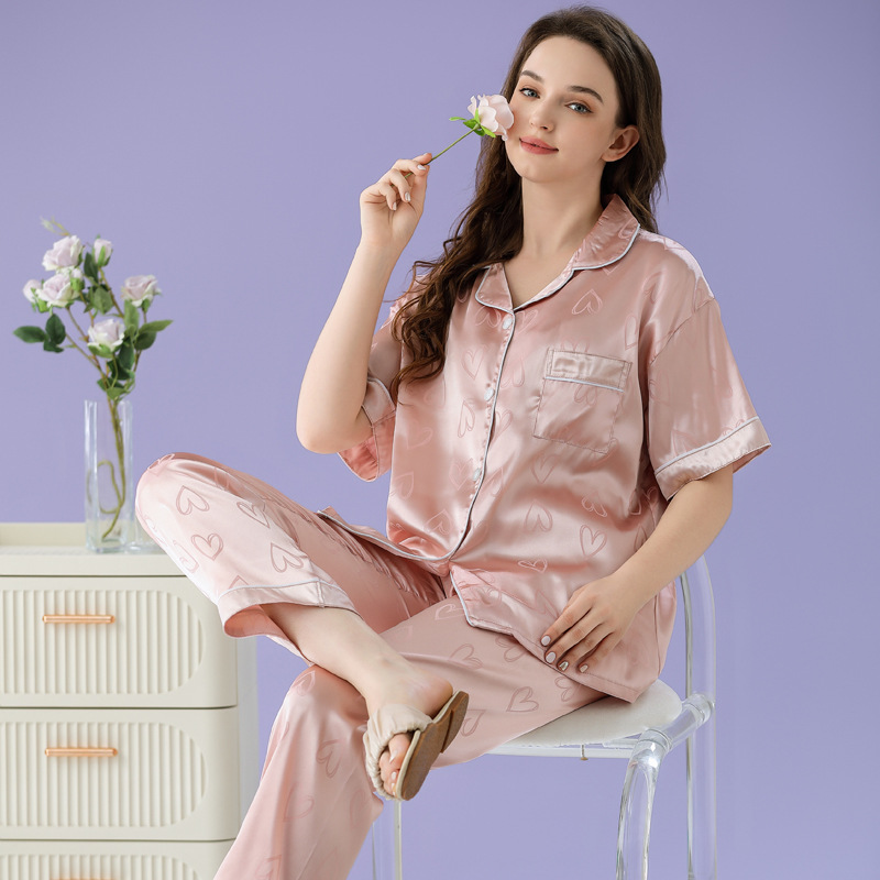 Cool ice silk pajamas women's autumn new short sleeve trousers love printing casual loose home clothes suit wholesale