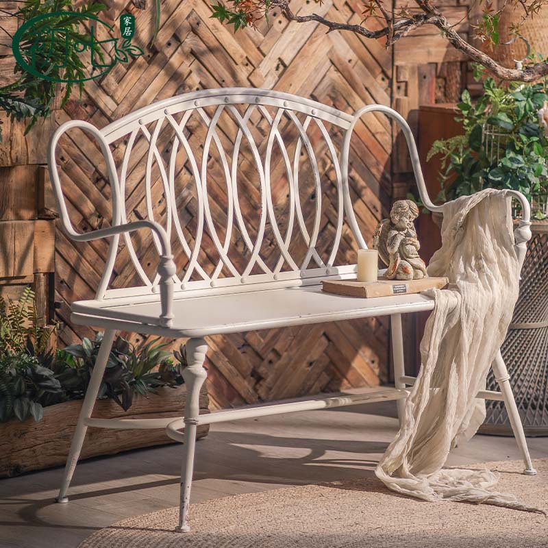 French Romantic Vintage Bench Outdoor Garden Wrought Iron Backrest Chair American Style Old Courtyard Double Chair Studio Props