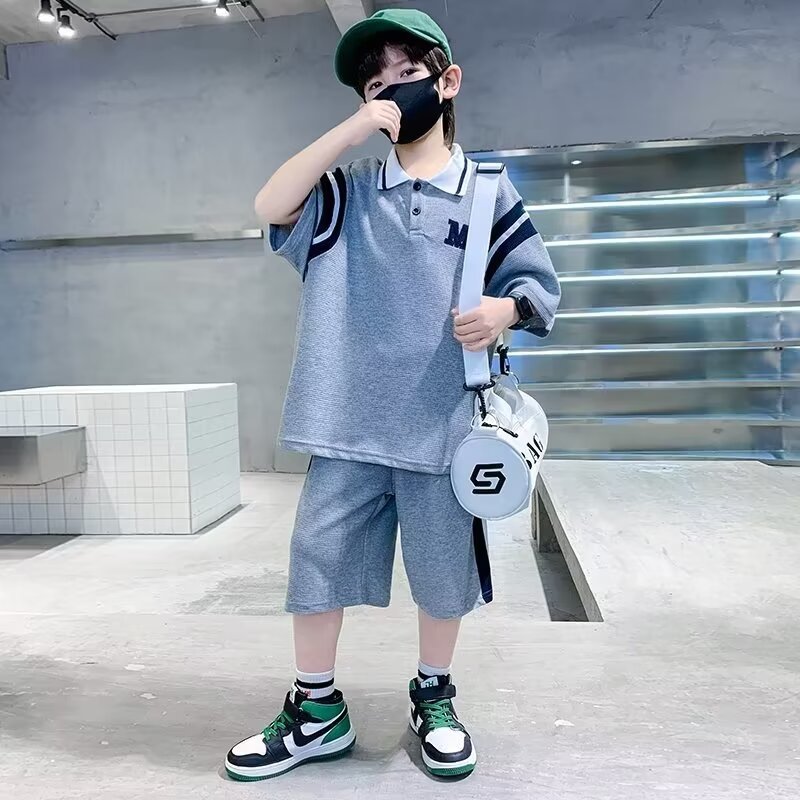 Boys Summer Polo Shirt and Shorts Two-Piece Set 2024 New Fashionable and Handsome Boy Sports Suit for Middle and Large Children