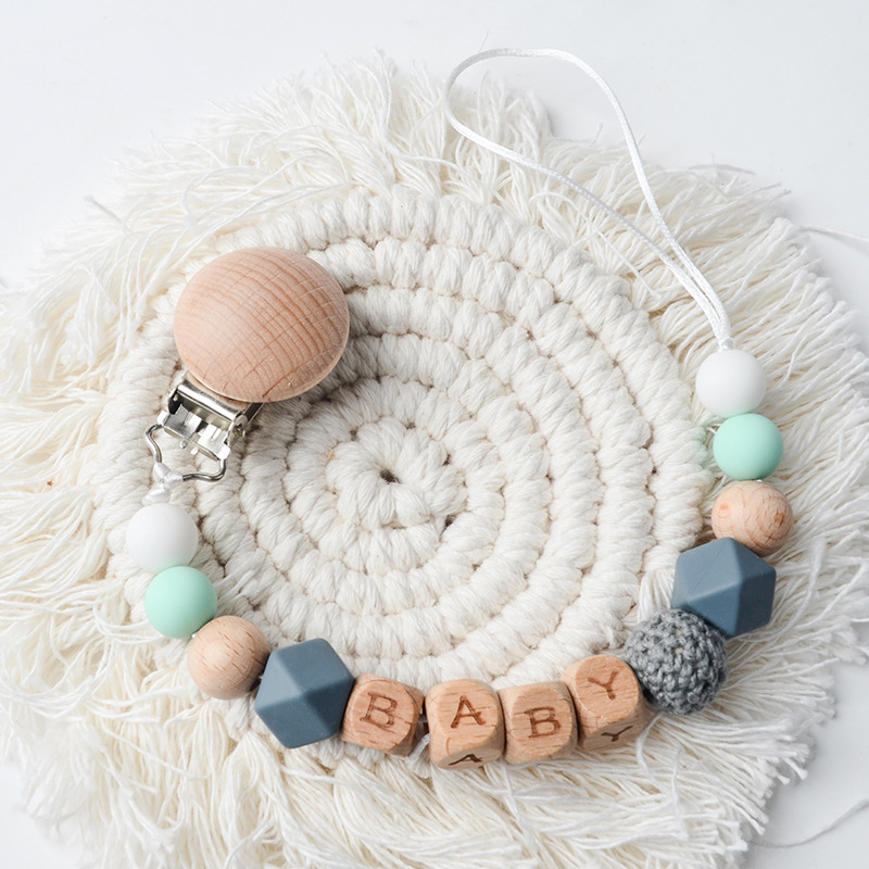 Picture of New Beech pacifier clip Beech letters BABY silicone octagonal beads wool crochet anti-drop chain