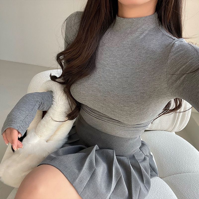 Picture of Pure sexy tight slimming small turtleneck Spring and Autumn new fashion short navel bottoming shirt long sleeve T-shirt top
