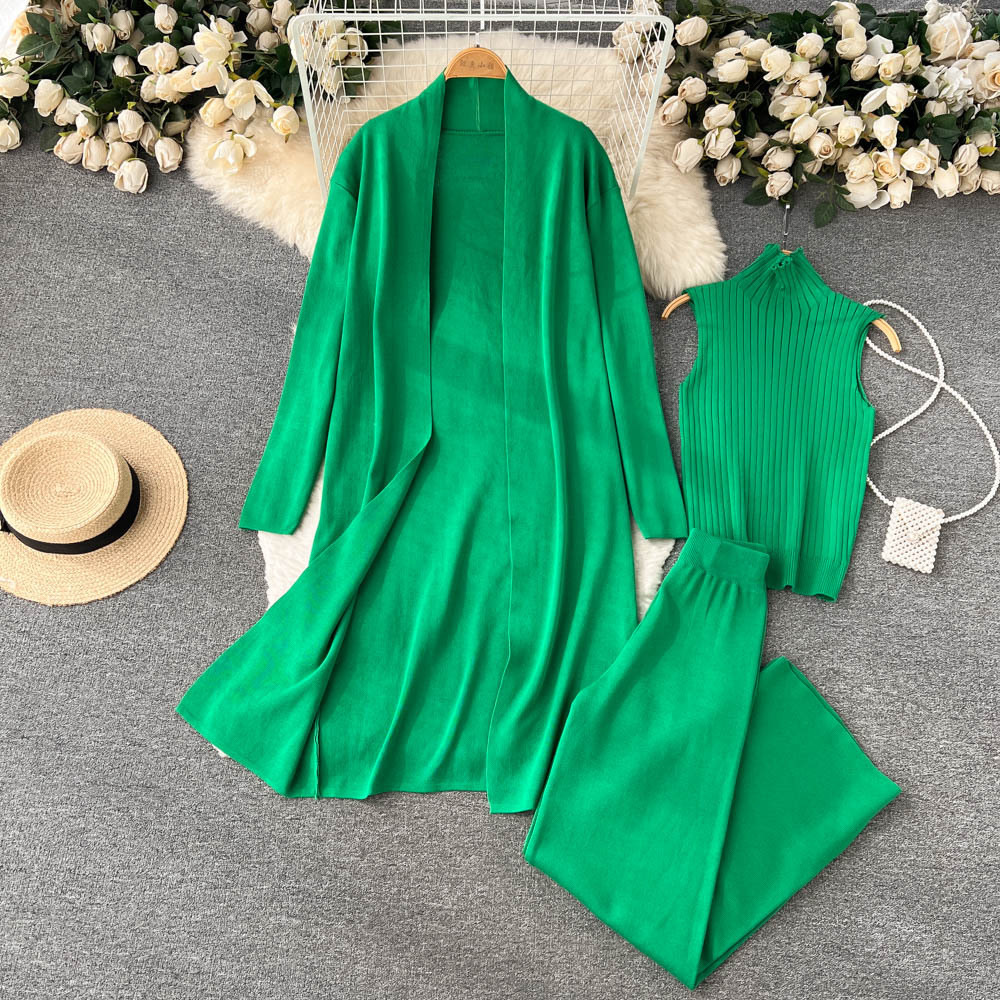 Cross-border autumn lazy loose knitted suit women's long shawl cardigan + turtleneck sweater + wide leg pants three-piece suit