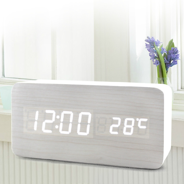 Wholesale creative home bedside alarm clock wooden clock temperature measuring clock new voice-controlled led wooden clock