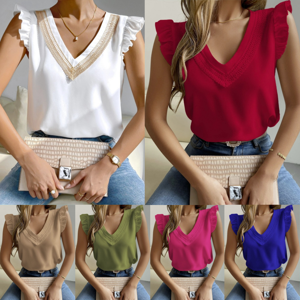 Spot 24 European and American Export Summer Cross-Border New Product Independent Station Lace Splicing V Neck Ruffled Sleeveless Vest