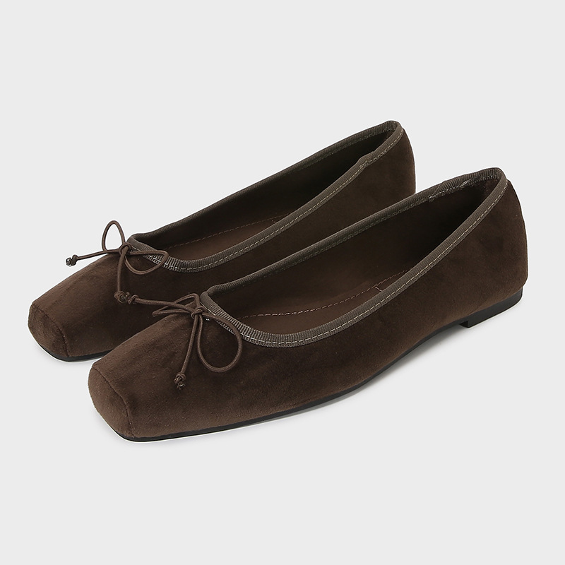 Za2024 Autumn and Winter New Women's Shoes Tan Velvet Bow Decorated Ballet Flats Shoes Square Toe Flats for Women