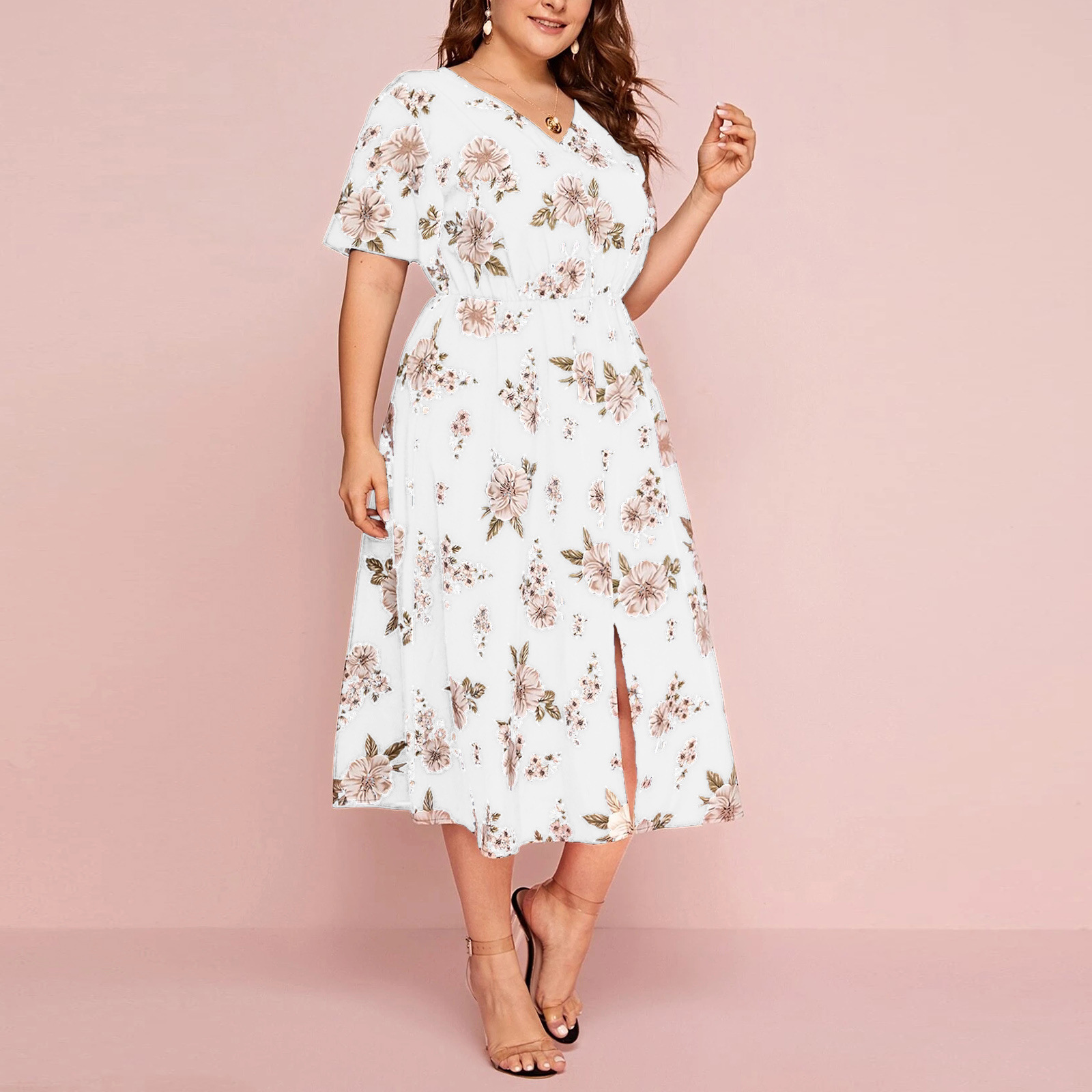 Picture of plus size Women's Floral Print V-neck Short-sleeved dress European and American-style Loose-fit Mid-length Chiffon Skirt