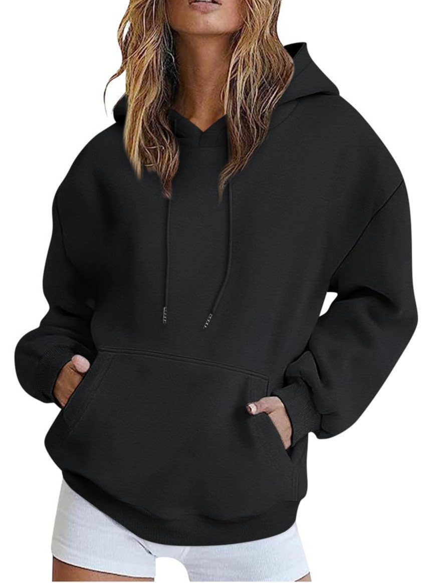 2025 cross-border Amazon wish European and American women's autumn and winter new casual loose solid color fleece hooded sweatshirt