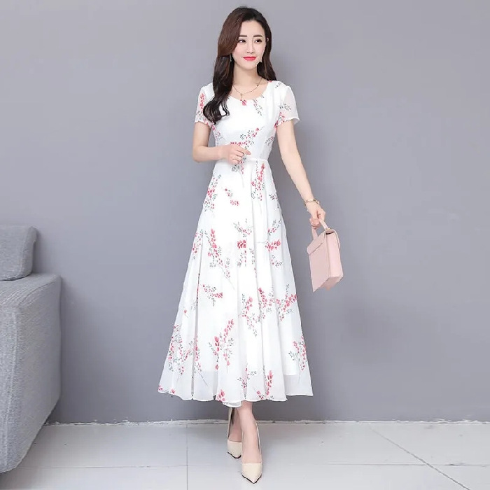 Picture of Fashion dress women's 2022 summer new floral short sleeve midi dress elegant slimming large swing dress for women