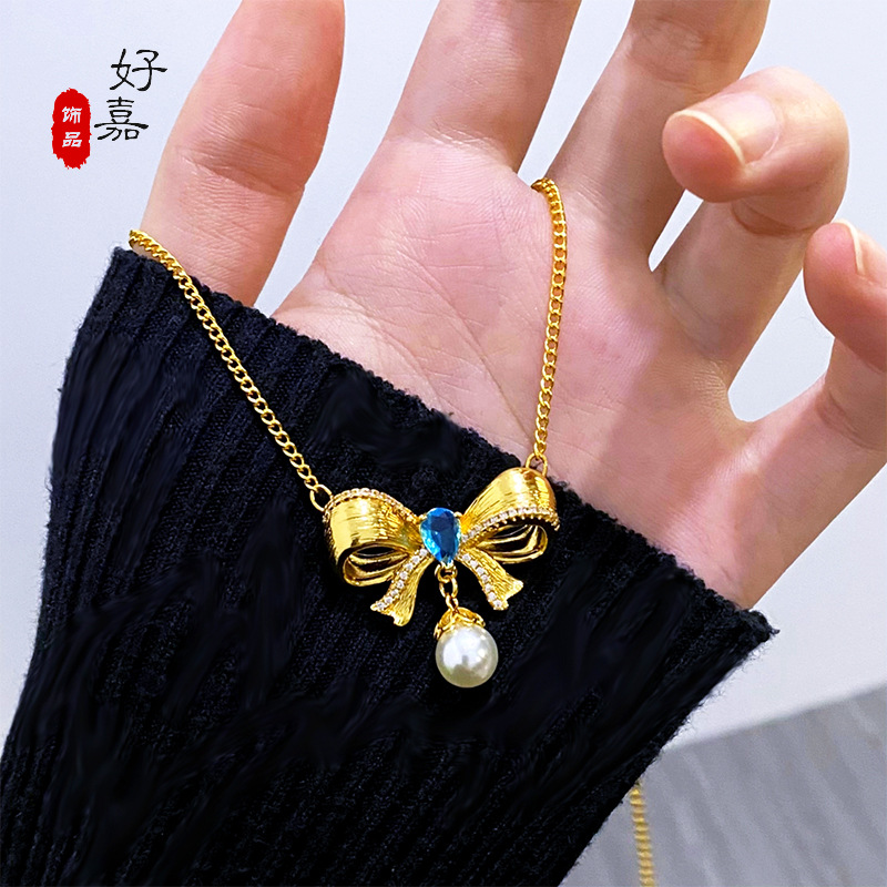 Blue Lovers on the run Princess bow necklace golden high-grade clavicle chain elegant high sense female jewelry gift