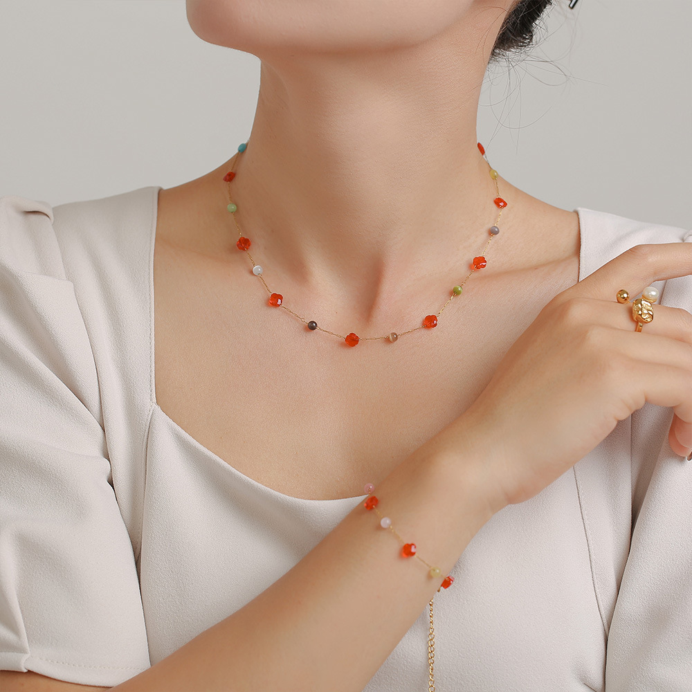 European and American Ins Style Colorful Natural Stone Clavicle Necklace Bracelet Stainless Steel Niche Dopamine Handmade Chain suit Women