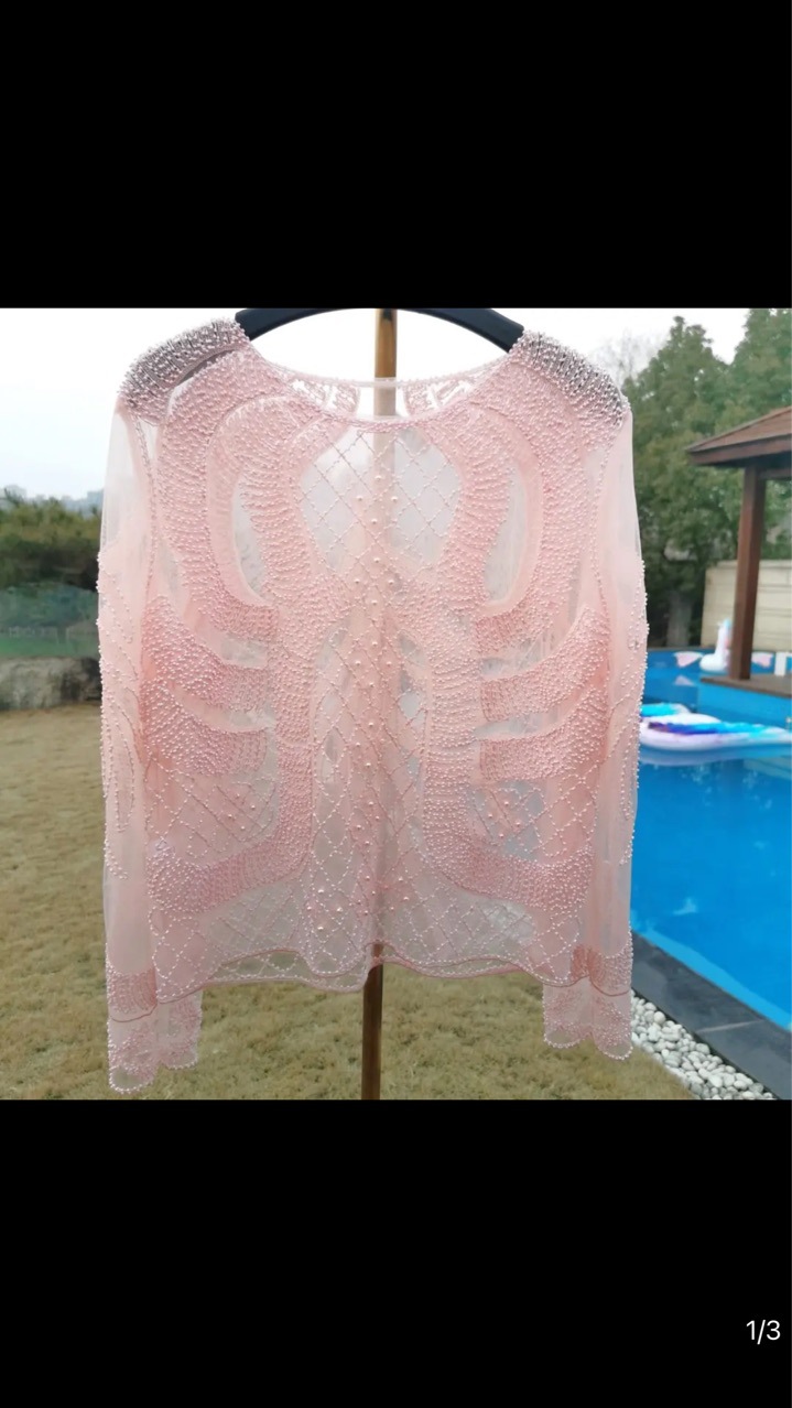 A generation of 2022 new Korean version of heavy industry Pearl nail bead embroidery flower sequins perspective long sleeve T-shirt jacket women