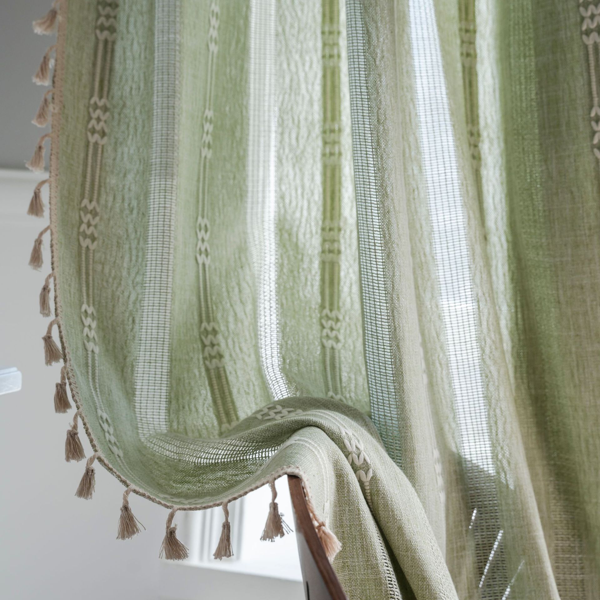Picture of Yuman Qiyun Curtain Finished Green Plain Stripe Embroidered Curtain Semi-Shaded Hollow Kitchen Living Room Window Curtain