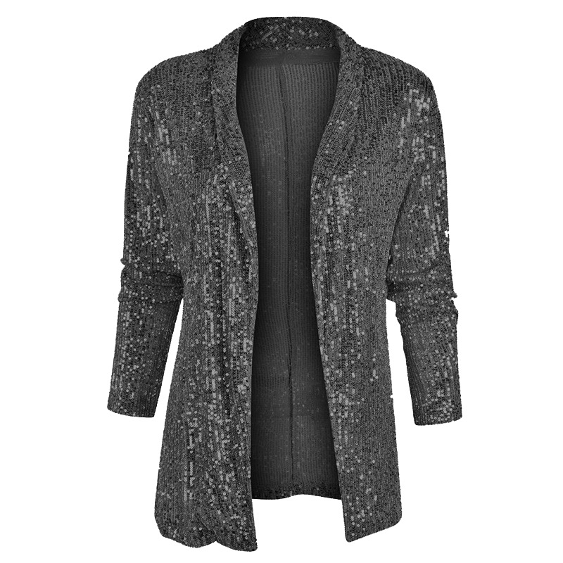 Picture of 2025 Spring New European and American Amazon Sequined Long-Sleeved Elegant Mid-Length Small Suit Lapel Pure Color Jacket for Women