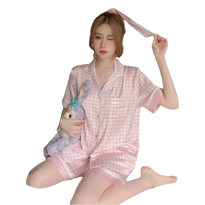 Cross-border Korean ins houndstooth ice silk pajamas women's new casual home clothes short sleeve shorts two-piece wholesale