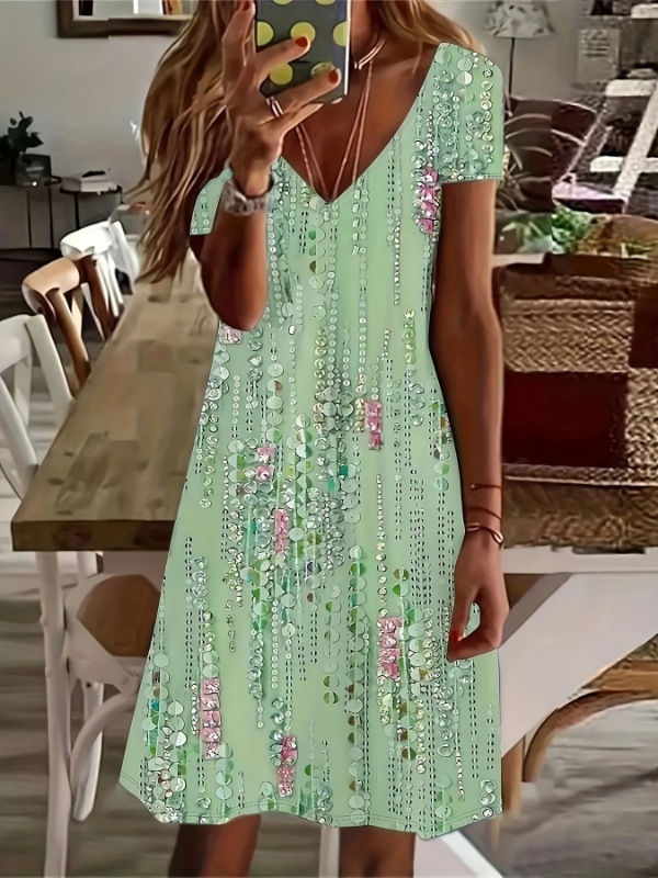 2025 European and American Cross-border Casual V-Neck Printed Short-sleeved dress temu Amazon Explosions Women's Spring and Summer New