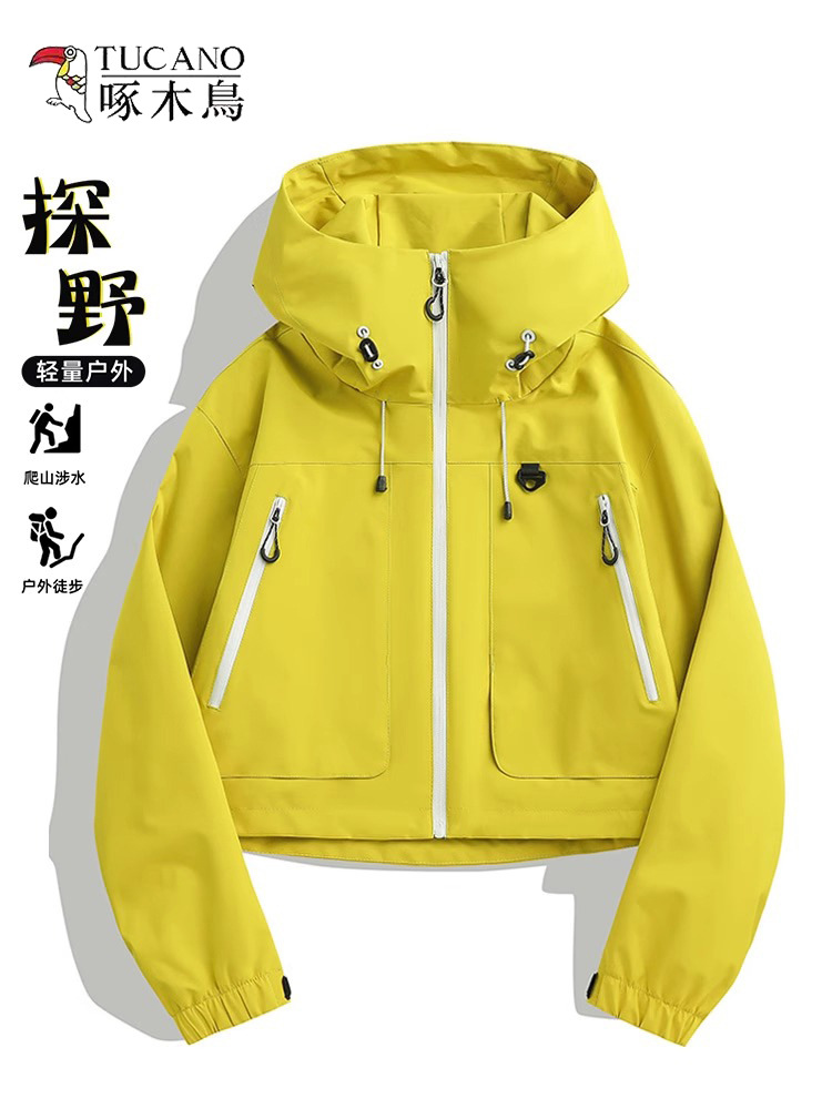 Woodpecker Little Men's 2025 New Spring Windproof Waterproof Casual Short High Waist Hooded Jacket