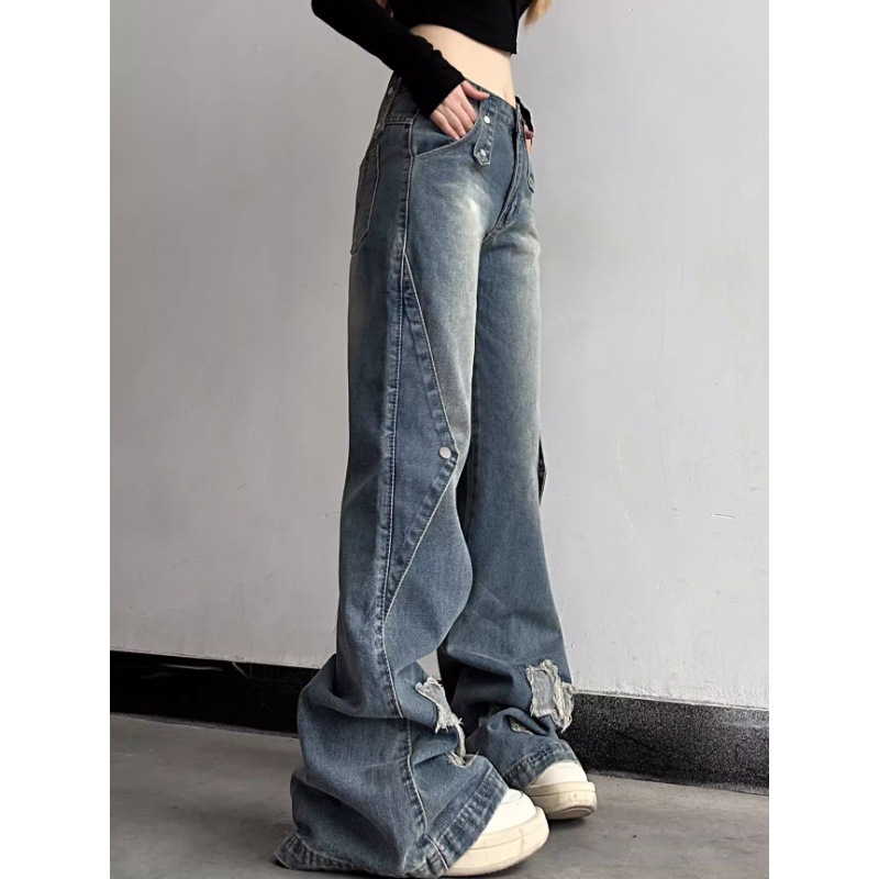 plus size American Style Vintage Washed Star Micro-horn Jeans Women's 2024 Street Slim-fit Slimming Scrub Pants
