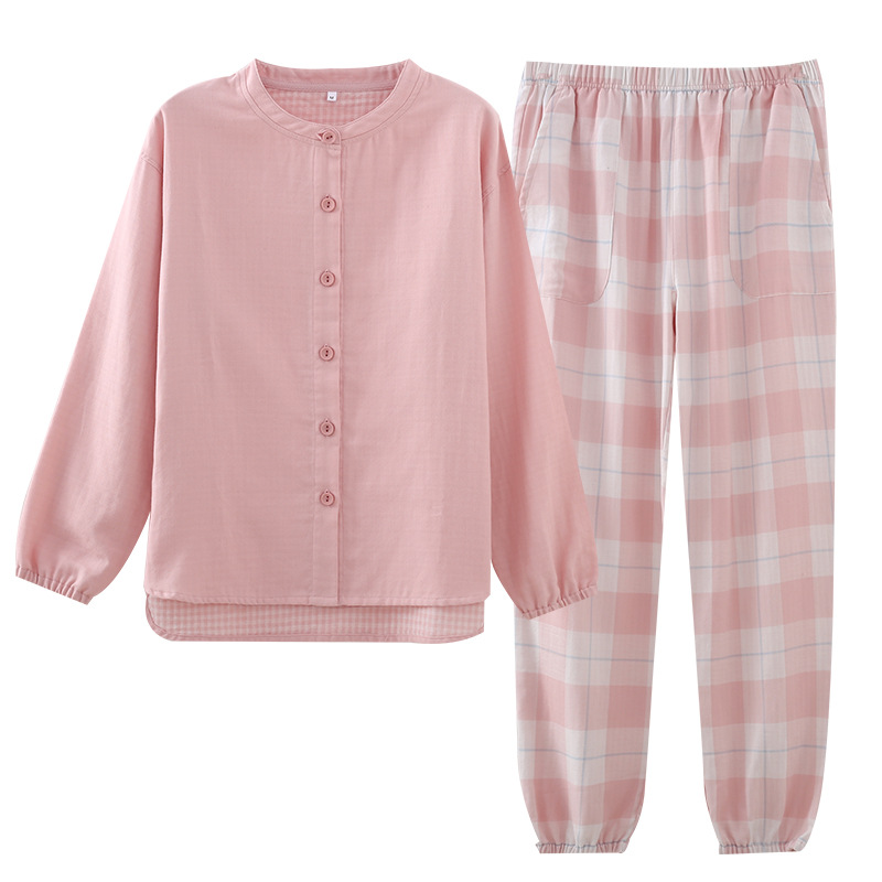 Picture of Spring and Autumn Thin Yarn-dyed Gauze Women's Pure Cotton Pajamas Suit Japanese Style Long Sleeve Pullover Plaid Exterior Wear