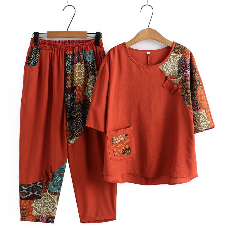 Picture of Western-Style Mom Summer Suit, Large Size Loose Middle-Aged and Elderly Women's Clothing, Fashionable Grandma's Age-Reducing Retro Casual Two-Piece Set