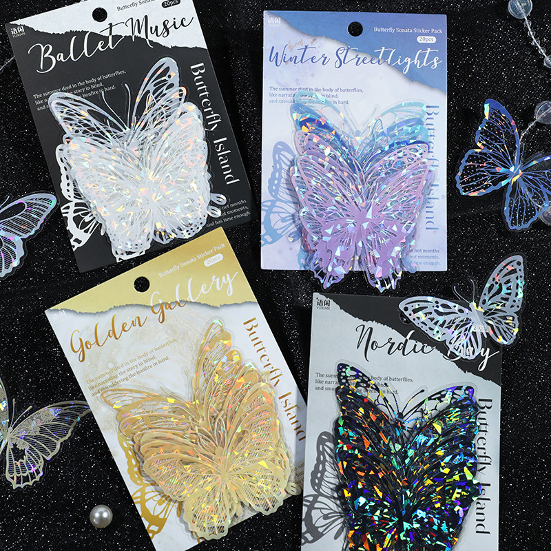 Language idle butterfly island shell light pet sticker bag three-dimensional bronzing laser sticker diy hand account flow hemp decoration material