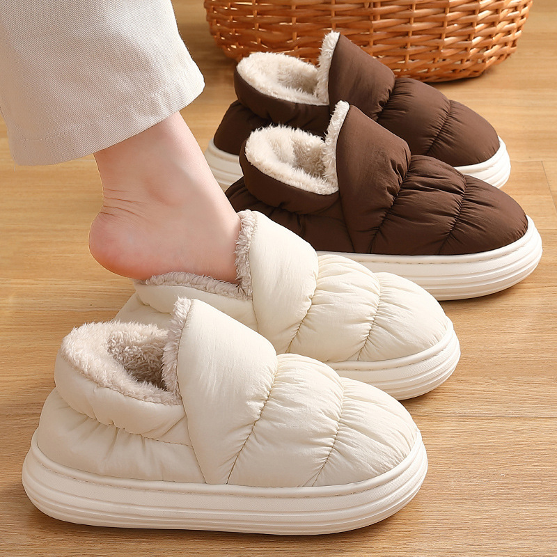 Down Fabric Waterproof Cotton Shoes for Women, Winter Outdoor Plush Warm Indoor Non-Slip Closed-Back Cotton Slippers for Men, Wholesale