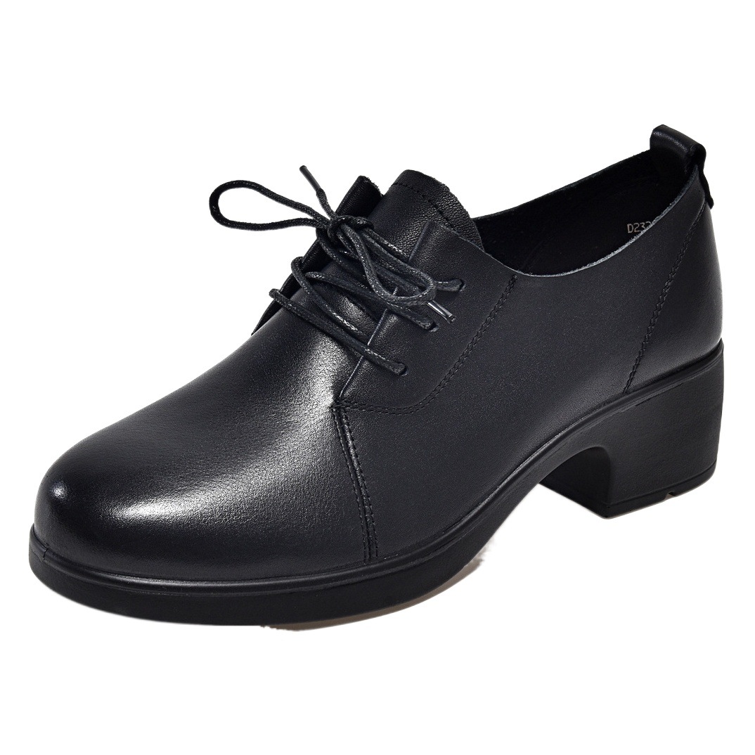 Round toe lace-up small leather shoes women's 2025 black top layer cowhide thick heel work shoes soft leather loafers for entity