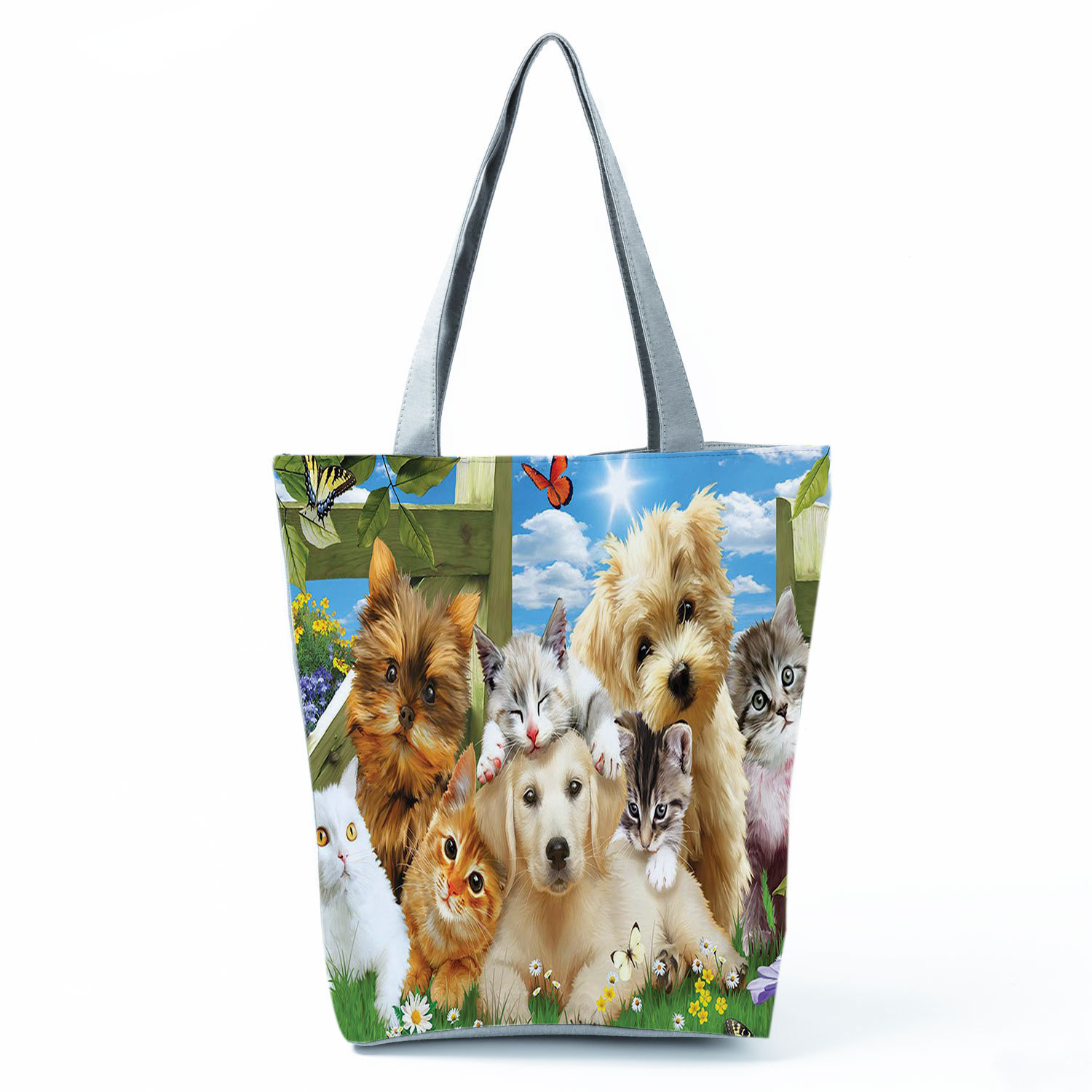 Picture of New cute flower cat printed shoulder bag portable travel storage bag large capacity outdoor tote bag