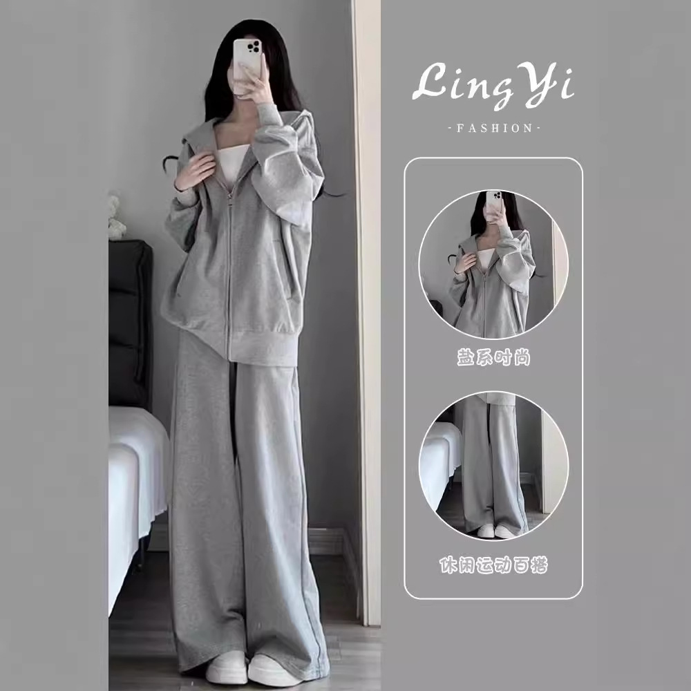 European Thickened Casual Sports suit Women's 2025 New Loose Hooded Grey Sweat Wide Leg Pants Two-Piece Trendy