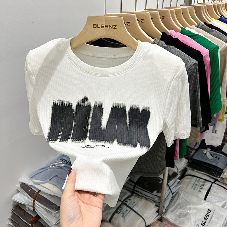 Curved Hem Shoulder Short-sleeved T-shirt Women's Summer Design Sense Slim-fit Short Letter Printed Top Half-sleeved T-shirt