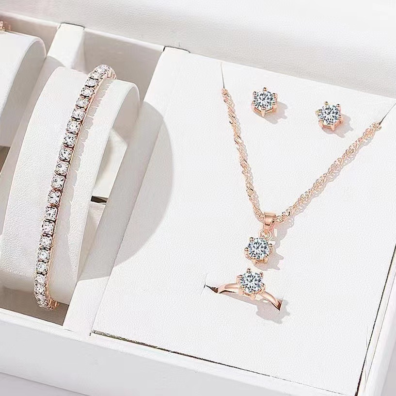 Picture of Cross-border New Jewelry suit Women's Fashion All-match Rhinestone Zircon Necklace Earrings Ring Watch Accessories