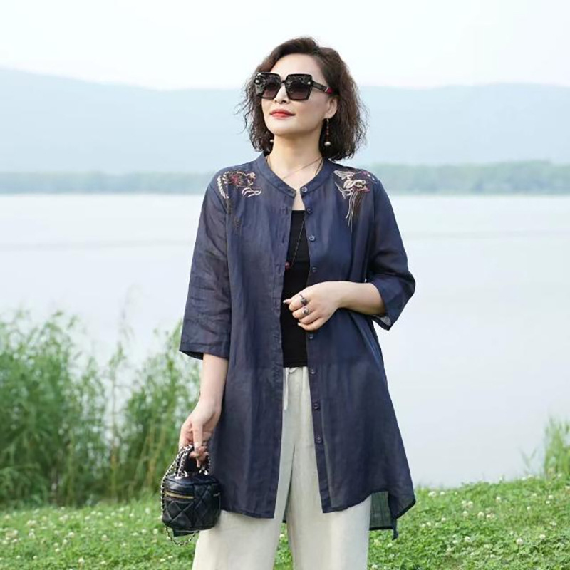Literary Retro Embroidered Mid-Length Shirt Women's Outer Wear Thin Cotton and Linen Cardigan Spring and Summer New Versatile and Loose
