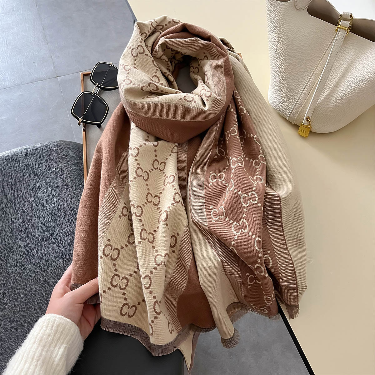 Picture of Korean Style Autumn and Winter New Stitching Contrast Color Scarf Women's Imitation Cashmere All-match Warm Shawl Dual-purpose Long Thick Scarf