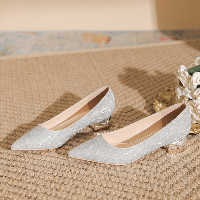 2024 Crystal Silver High Heels Women's Thick Heels Pointed Toe Shallow Mouth Fashion Sexy Sequined Temperament Bridal Shoes Wedding Shoes