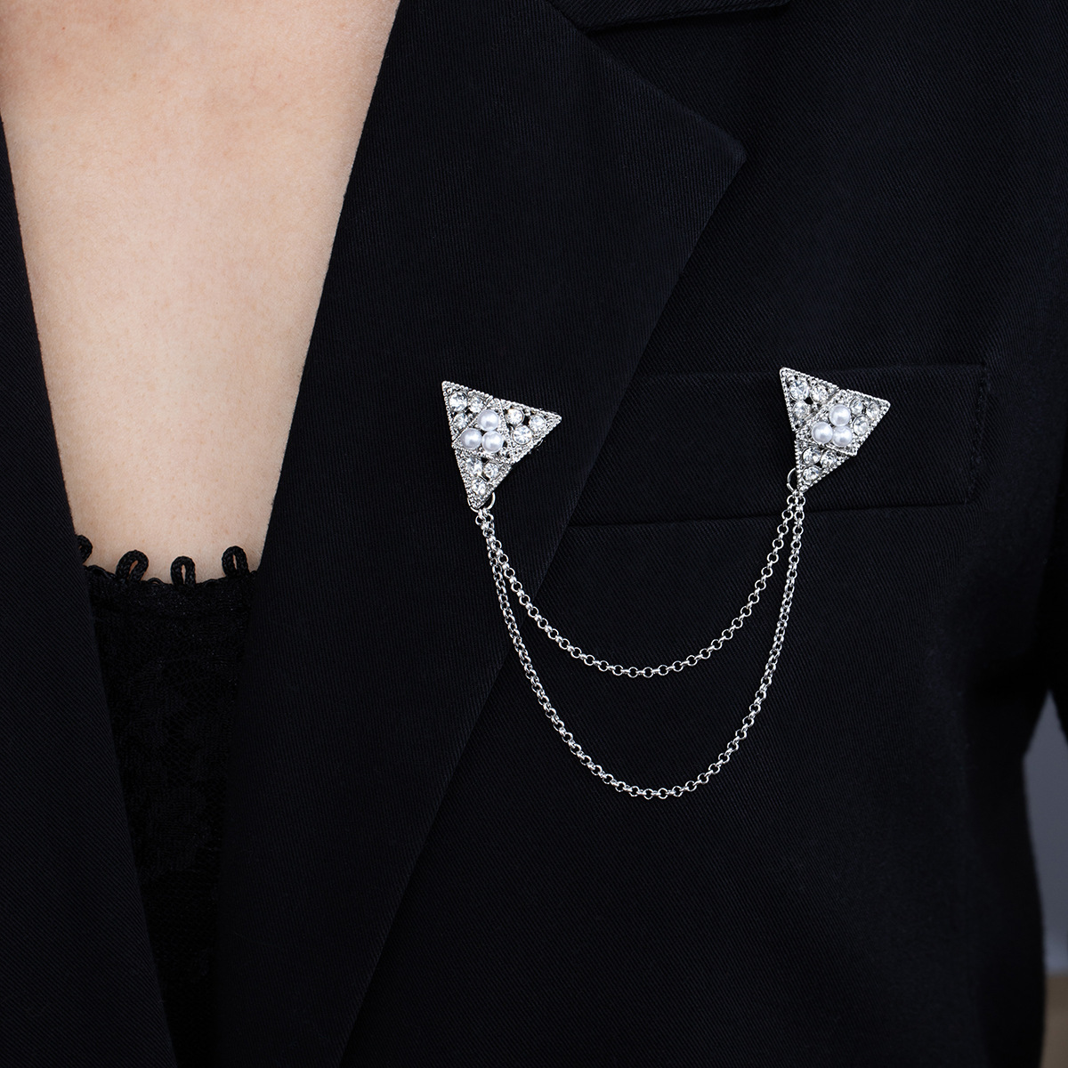 Picture of Diamond-encrusted triangle pearl brooch men's suit corsage badge tassel multi-layer chain collar pin badge pin clothing