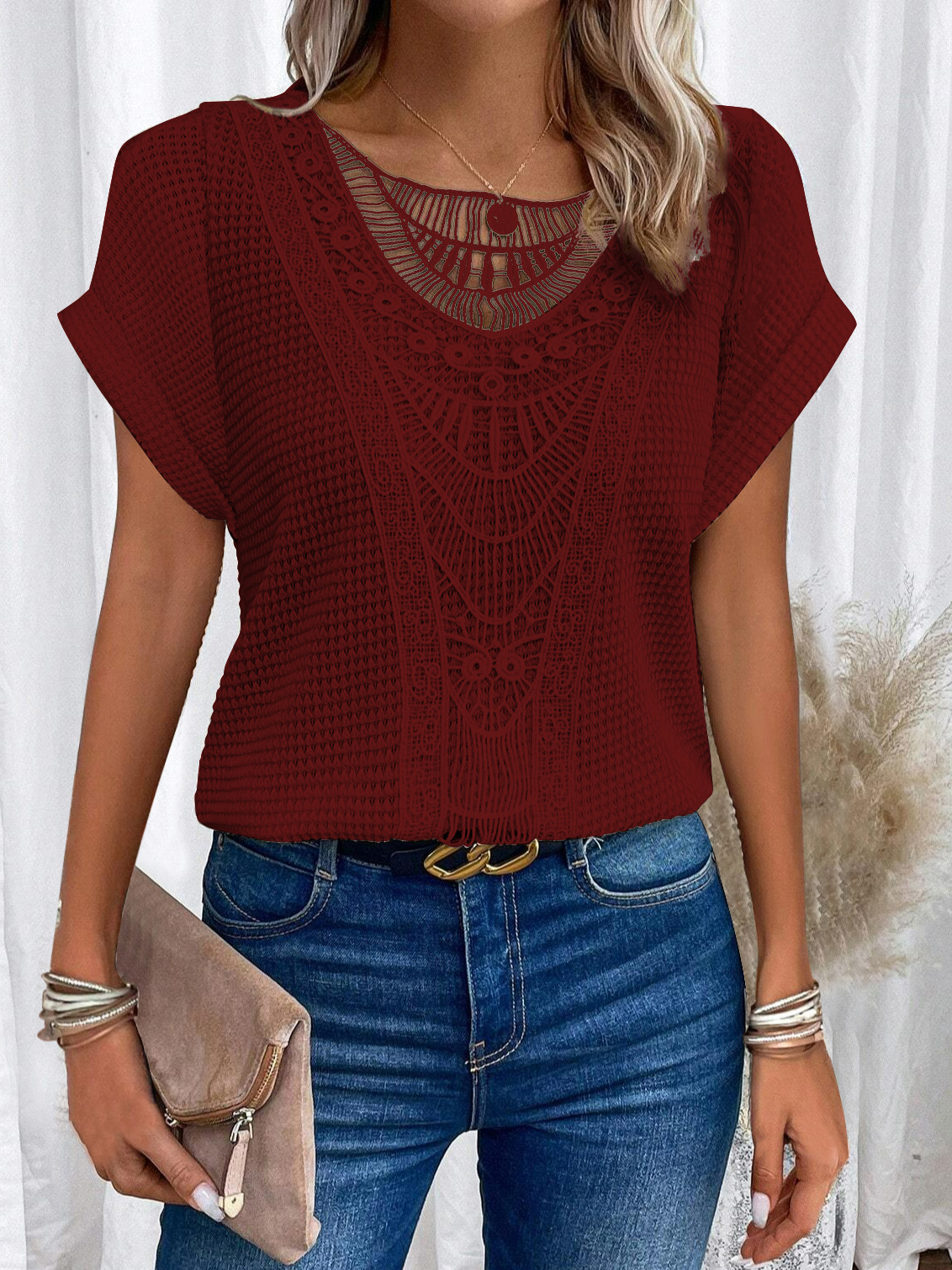 Picture of 2024 Amazon European and American spring and summer new independent stand lace stitching short-sleeved T-shirt in stock cross-border women's clothing