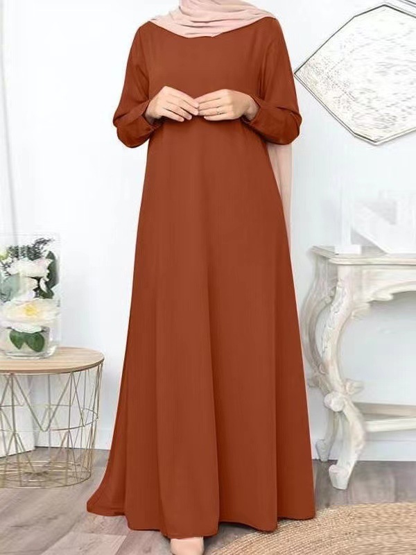 Picture of in stock New Cross-border Middle East Muslim Solid Color Loose Pullover Casual Elegant Long Sleeve Long dress Factory Batch