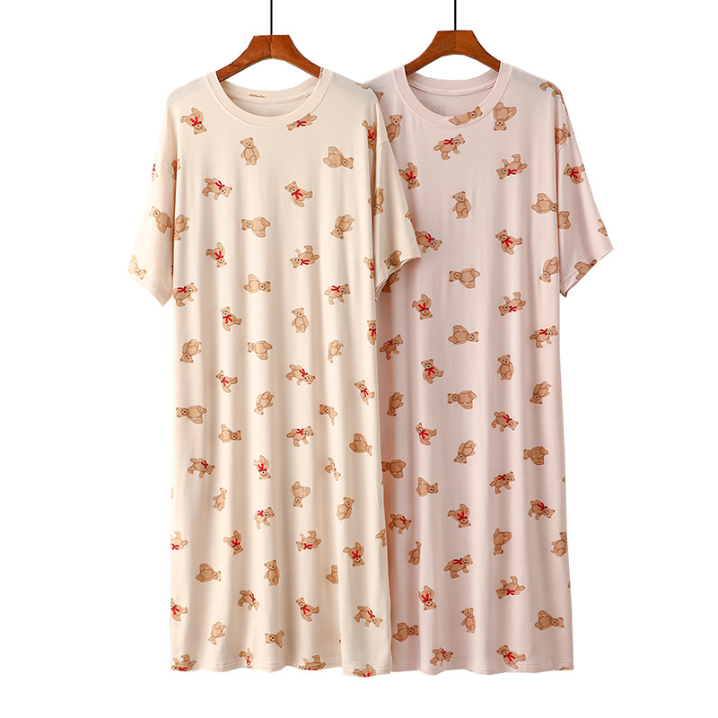 Bow tie Bear Thin Cool Modal Summer Nightdress Women's Mid-sleeve Long Dress Loose Outer Wear Home Pajamas