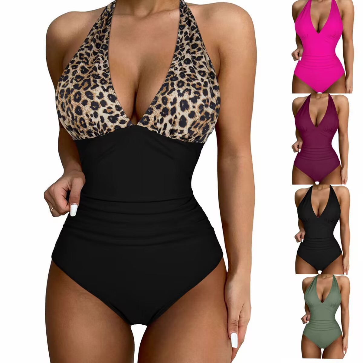 2025 Amazon new one-piece swimsuit multi-color printing stitching backless neck lace-up ladies swimwear wholesale