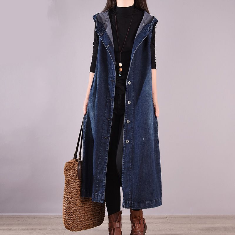 Picture of 2024 Autumn New plus size Loose Long Denim Sleeveless Hooded Vest for Women's Clothing Simple Loose Trendy