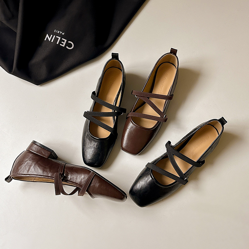 Cowhide 2025 Spring and Autumn New Elegant Square Head Strap Flat Shoes French Retro Mary Jane Women's Shoes