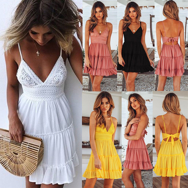Amazon Explosions Cross-border European and American Summer Chiffon dress Sexy Lace Sling Princess Beach Vacation Blouse